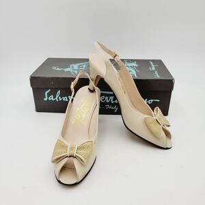 Salvatore Ferragamo Womens Shoes Ivory Sling Back Butterfly Leather Sz 6.5 AAAA